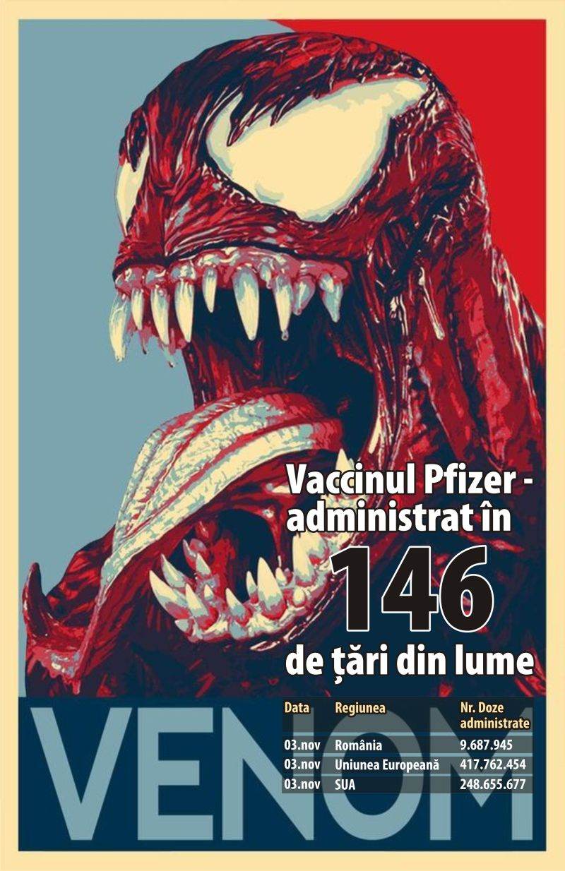 "Venom: Let There Be Carnage" (a doua serie a filmului american "Venom" - cu Tom Hardy în rolul principal -, despre un extraterestru care se instalează într-o "gazdă" umană) a avut premiera la Londra, pe 14 septembrie 2021, şi a fost lansat în cinematografe în Statele Unite pe 1 octombrie 2021. A fost amânat de la o data iniţială, din octombrie 2020, din cauza pandemiei de COVID-19. Filmul a încasat peste 397 de milioane de dolari în întreaga lume, devenind al optulea film cu cele mai mari încasări din 2021. În imagine, afiş alternativ. "Venom: Let There Be Carnage" (a doua serie a filmului american "Venom" - cu Tom Hardy în rolul principal -, despre un extraterestru care se instalează într-o "gazdă" umană) a avut premiera la Londra, pe 14 septembrie 2021, şi a fost lansat în cinematografe în Statele Unite pe 1 octombrie 2021. A fost amânat de la o data iniţială, din octombrie 2020, din cauza pandemiei de COVID-19. Filmul a încasat peste 397 de milioane de dolari în întreaga lume, devenind al optulea film cu cele mai mari încasări din 2021. În imagine, afiş alternativ.